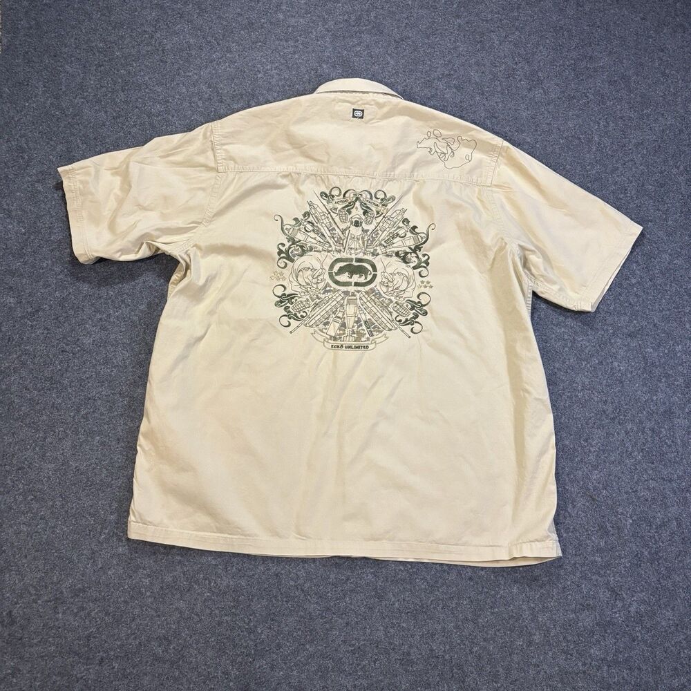 Ecko Unltd Shirt Mens 3XL Khaki Graphic Print Embroidered Button Up Y2K Read